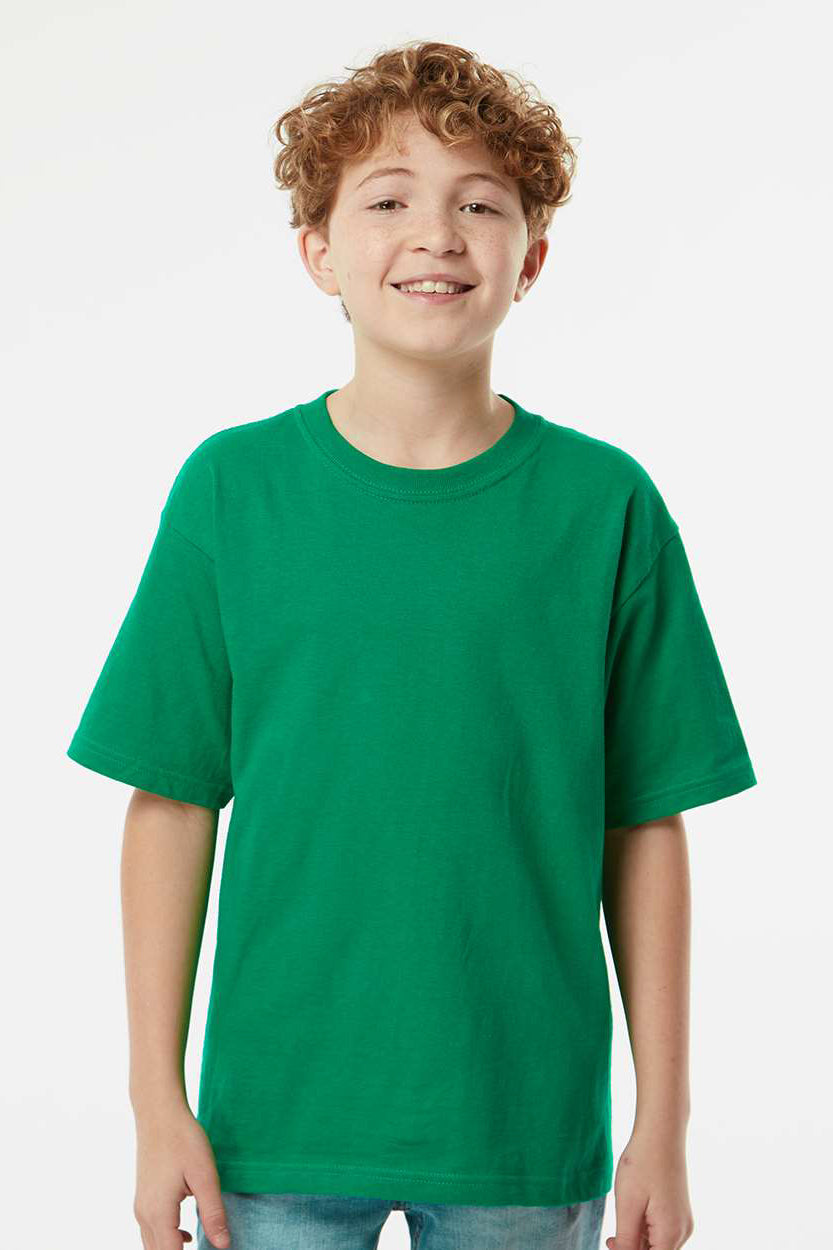 M&O 4850 Youth Gold Soft Touch Short Sleeve Crewneck T-Shirt Fine Kelly Green Model Front