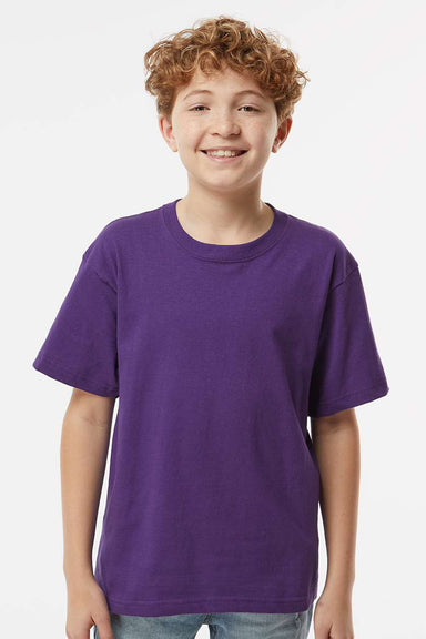 M&O 4850 Youth Gold Soft Touch Short Sleeve Crewneck T-Shirt Purple Model Front