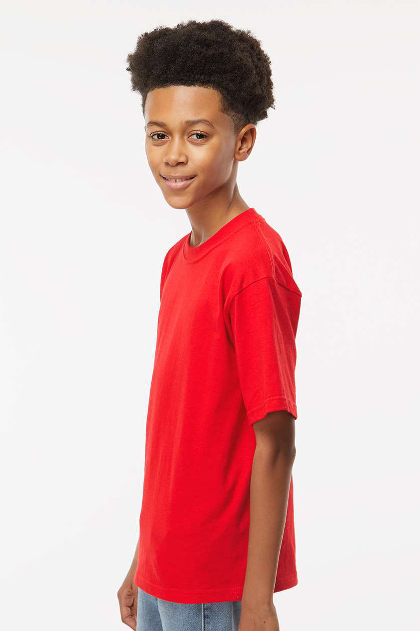 M&O 4850 Youth Gold Soft Touch Short Sleeve Crewneck T-Shirt Deep Red Model Side