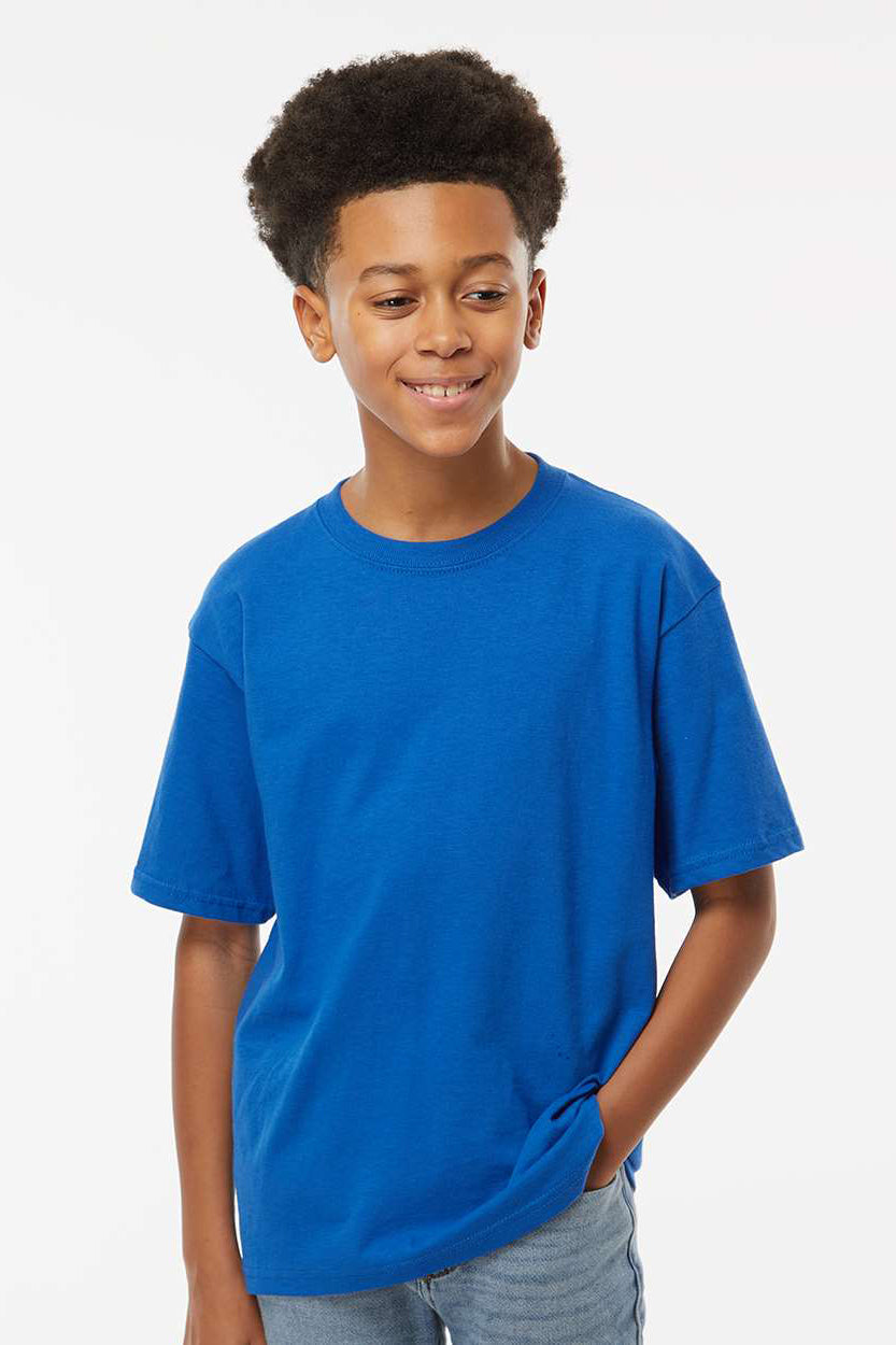 M&O 4850 Youth Gold Soft Touch Short Sleeve Crewneck T-Shirt Royal Blue Model Front