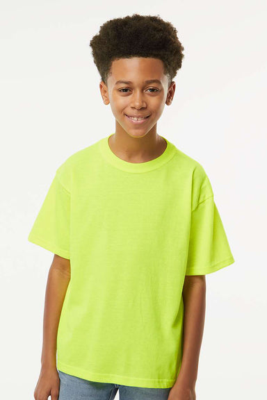 M&O 4850 Youth Gold Soft Touch Short Sleeve Crewneck T-Shirt Safety Green Model Front