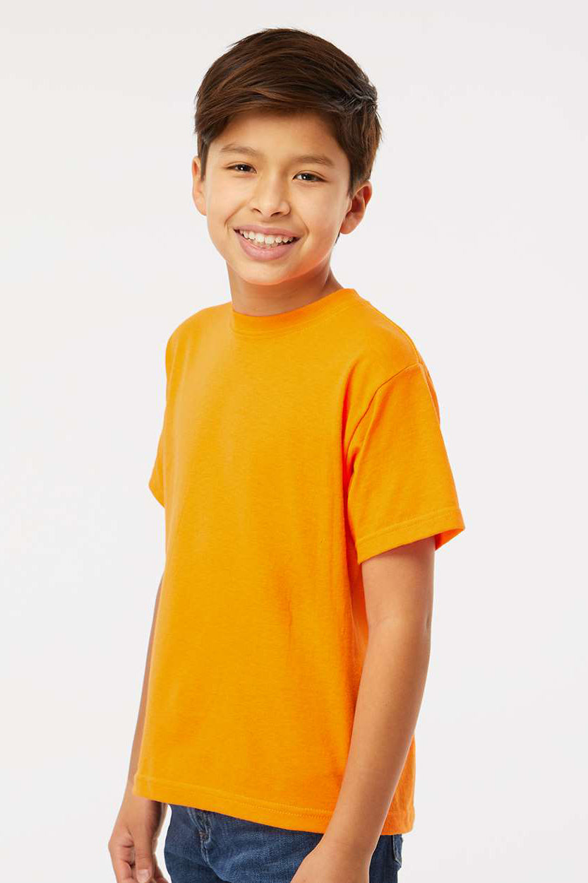 M&O 4850 Youth Gold Soft Touch Short Sleeve Crewneck T-Shirt Safety Orange Model Side