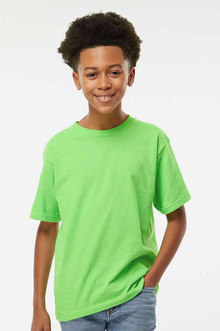 M&O 4850 Youth Gold Soft Touch Short Sleeve Crewneck T-Shirt Vivid Lime Green Model Front