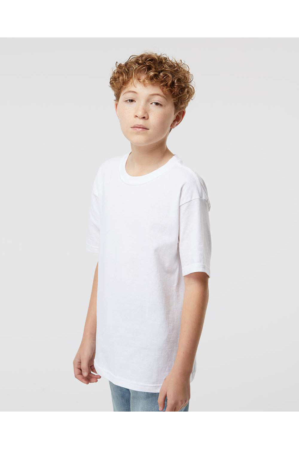 M&O 4850 Youth Gold Soft Touch Short Sleeve Crewneck T-Shirt White Model Side