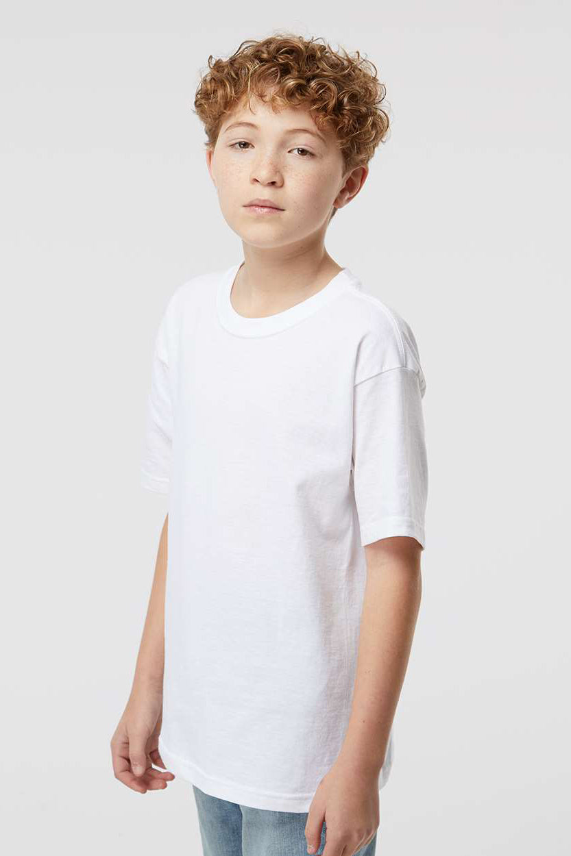 M&O 4850 Youth Gold Soft Touch Short Sleeve Crewneck T-Shirt White Model Side