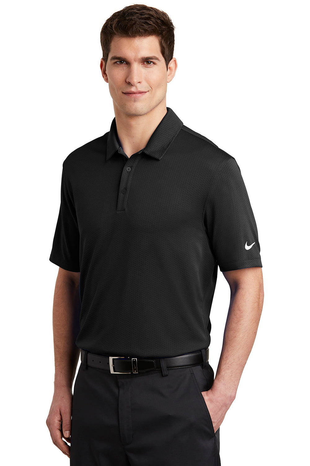 Nike NKAH6266 Mens Dri-Fit Moisture Wicking Short Sleeve Polo Shirt Black Model 3Q