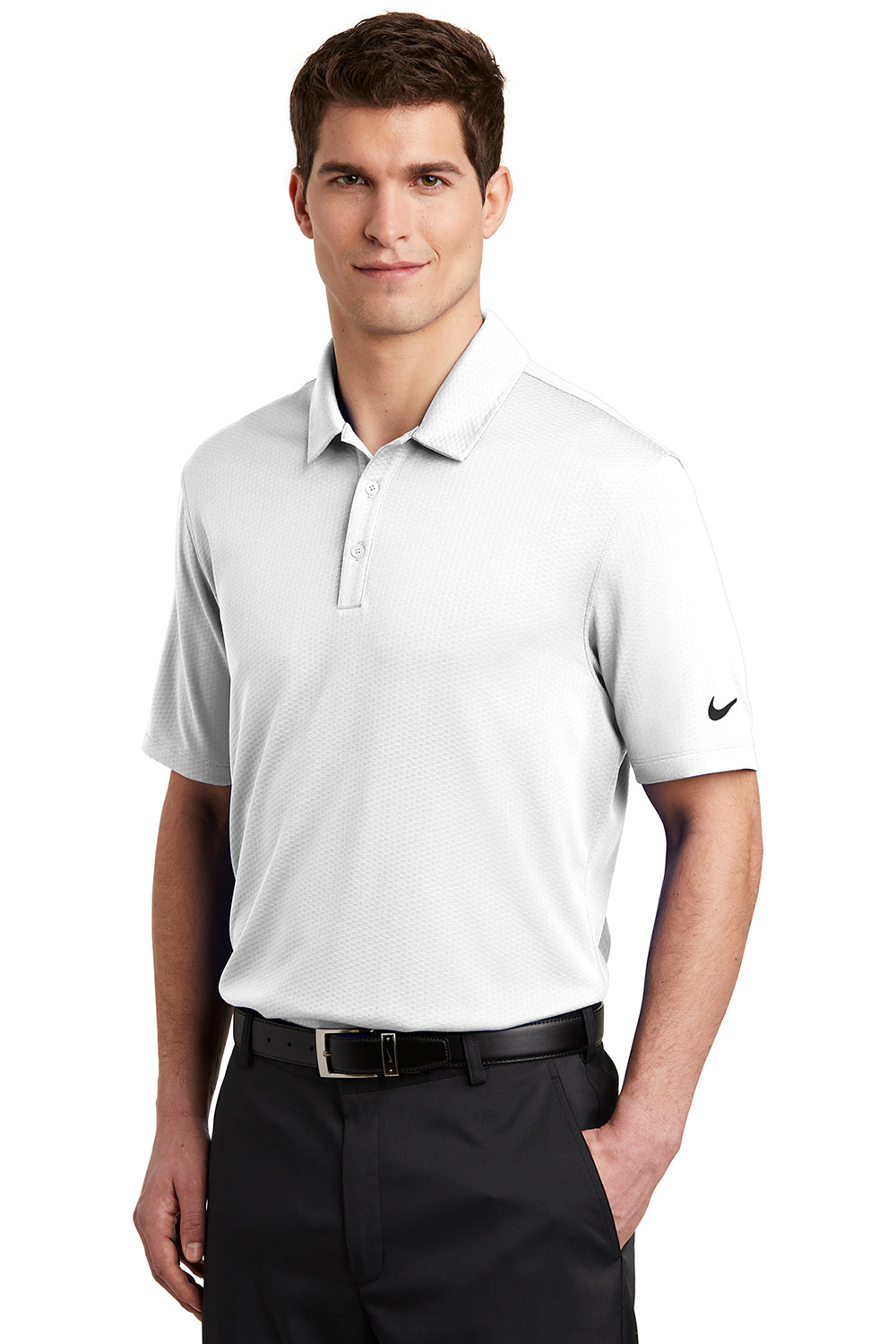 Nike NKAH6266 Mens Dri-Fit Moisture Wicking Short Sleeve Polo Shirt White Model 3Q