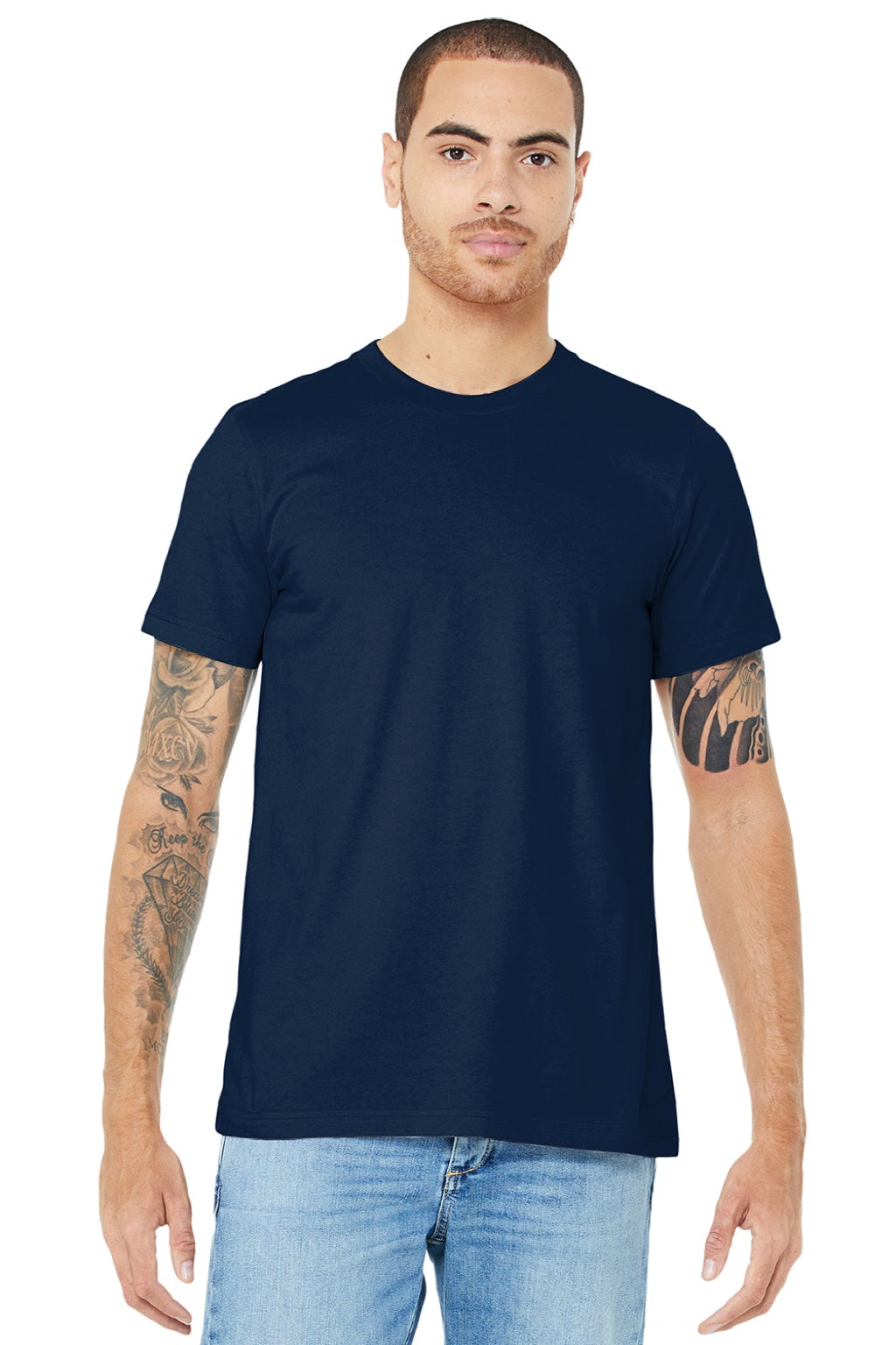 Bella + Canvas BC3001/3001 Mens Jersey Short Sleeve Crewneck T-Shirt Navy Blue Model Front