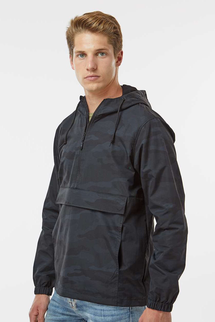 Independent Trading Company EXP94NAW Mens 1/4 Zip Waterproof Hooded Anorak Jacket Black Camo Model Side