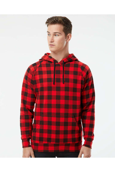 Independent Trading Co. PRM33SBP Mens Special Blend Raglan Hooded Sweatshirt Hoodie Red Buffalo Plaid Model Front