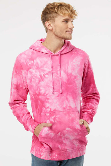 Independent Trading Company PRM4500TD Mens Tie-Dye Hooded Sweatshirt Hoodie w/ Pouch Pocket Pink Model Front