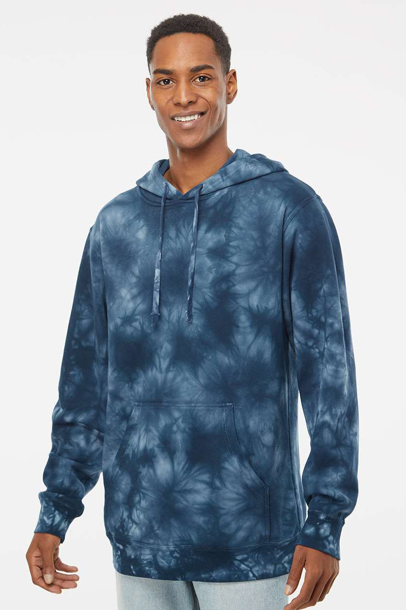 Independent Trading Company PRM4500TD Mens Tie-Dye Hooded Sweatshirt Hoodie w/ Pouch Pocket Navy Blue Model Front