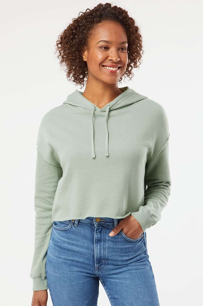 Independent Trading Company AFX64CRP Womens Crop Hooded Sweatshirt Hoodie Sage Green Model Front