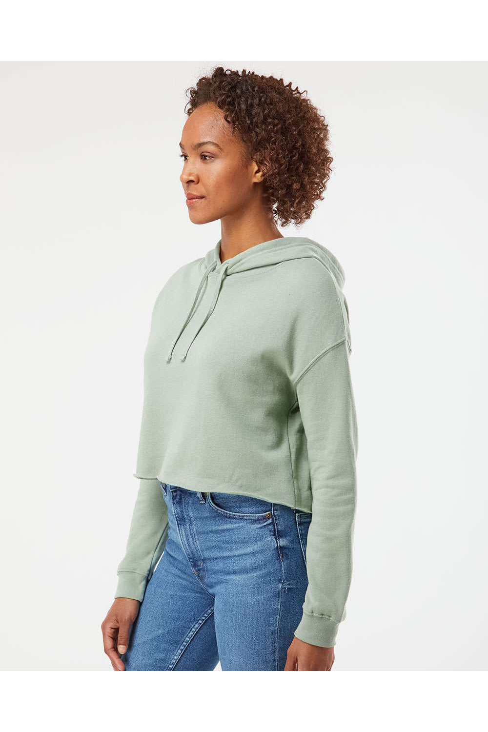 Independent Trading Co. AFX64CRP Womens Crop Hooded Sweatshirt Hoodie Sage Green Model Side