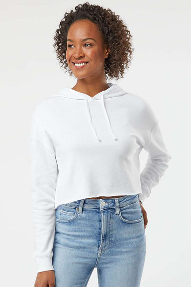 Independent Trading Company AFX64CRP Womens Crop Hooded Sweatshirt Hoodie White Model Front