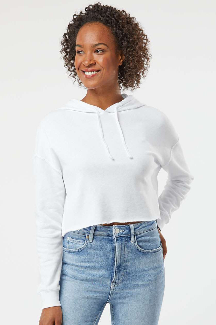 Independent Trading Company AFX64CRP Womens Crop Hooded Sweatshirt Hoodie White Model Front