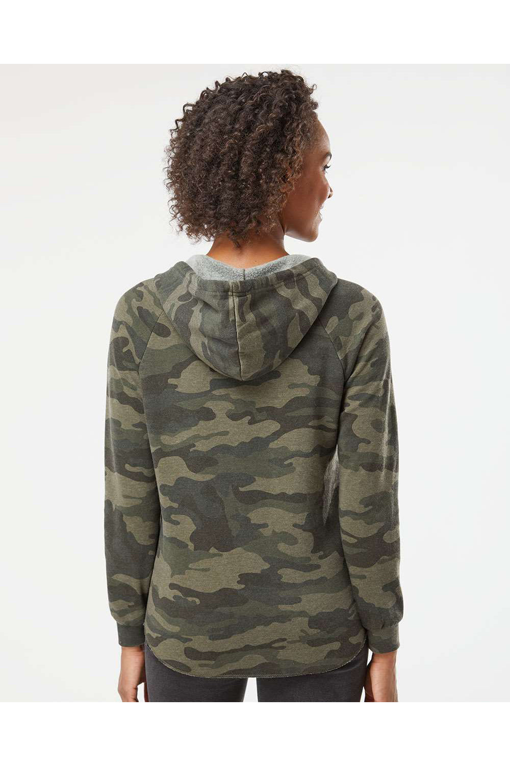 Independent Trading Co. PRM2500 Womens California Wave Wash Hooded Sweatshirt Hoodie Heather Forest Green Camo Model Back