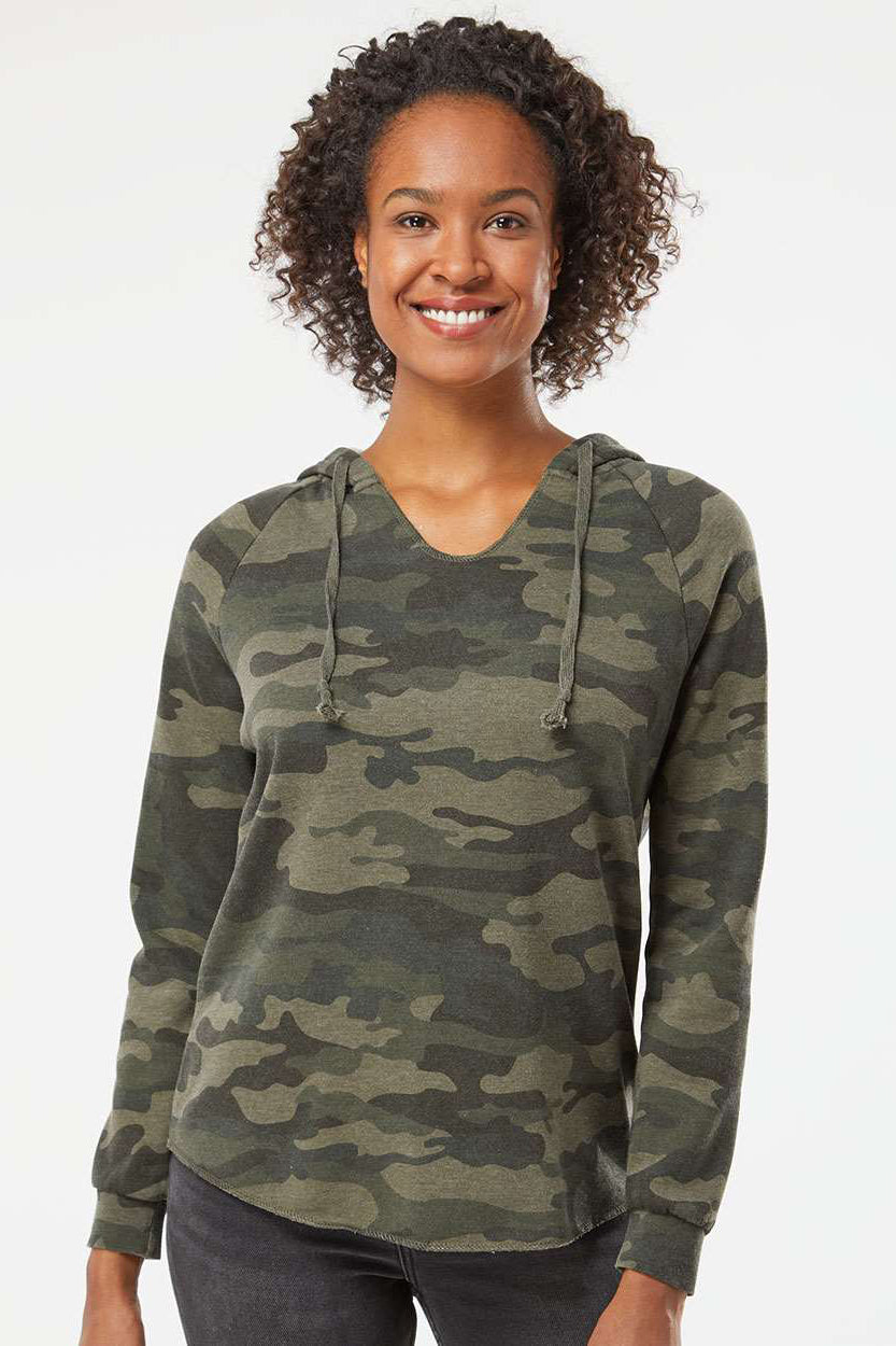 Independent Trading Company PRM2500 Womens California Wave Wash Hooded Sweatshirt Hoodie Heather Forest Green Camo Model Front