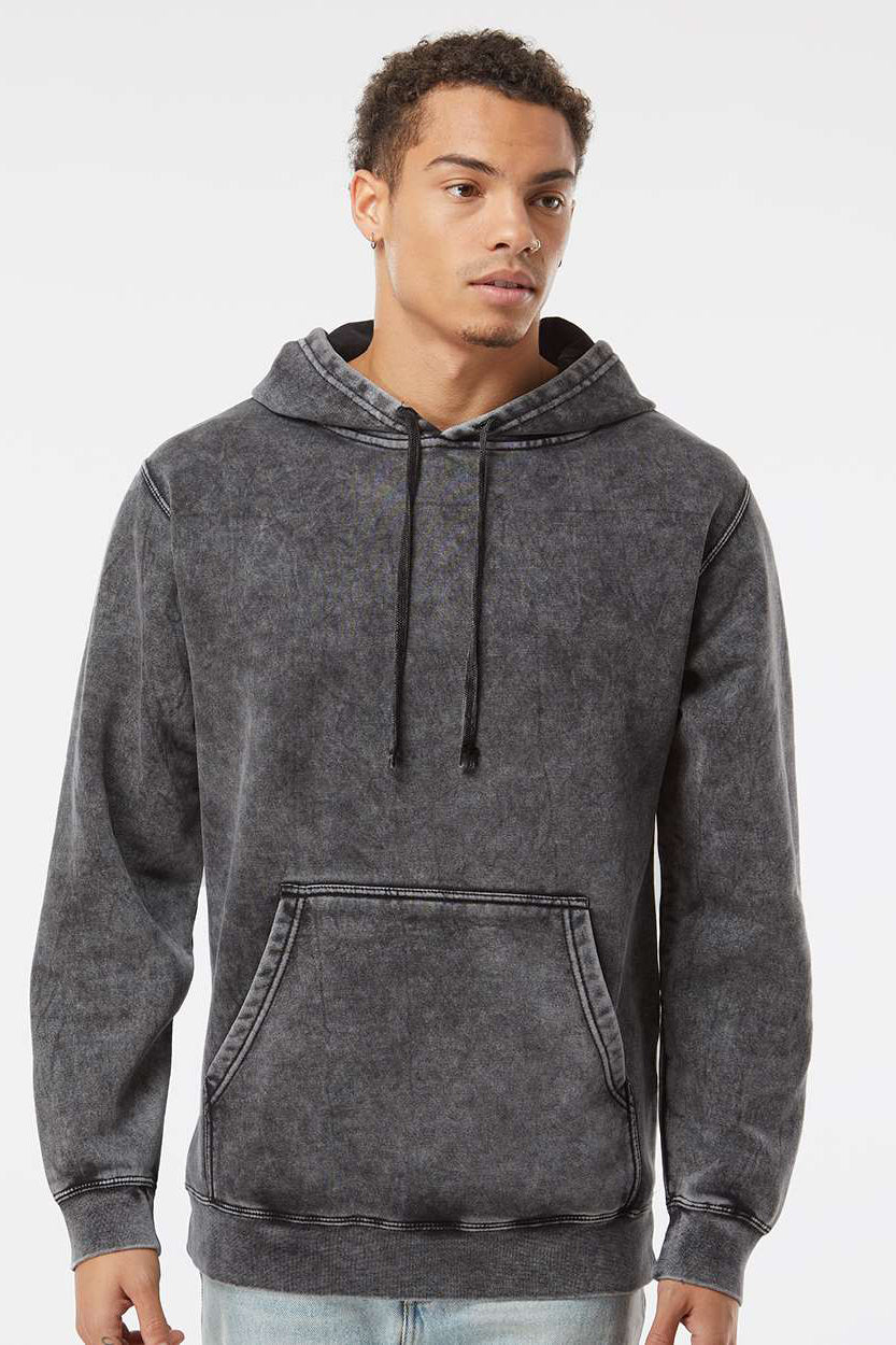 Independent Trading Company PRM4500MW Mens Mineral Wash Hooded Sweatshirt Hoodie w/ Pouch Pocket Black Model Front
