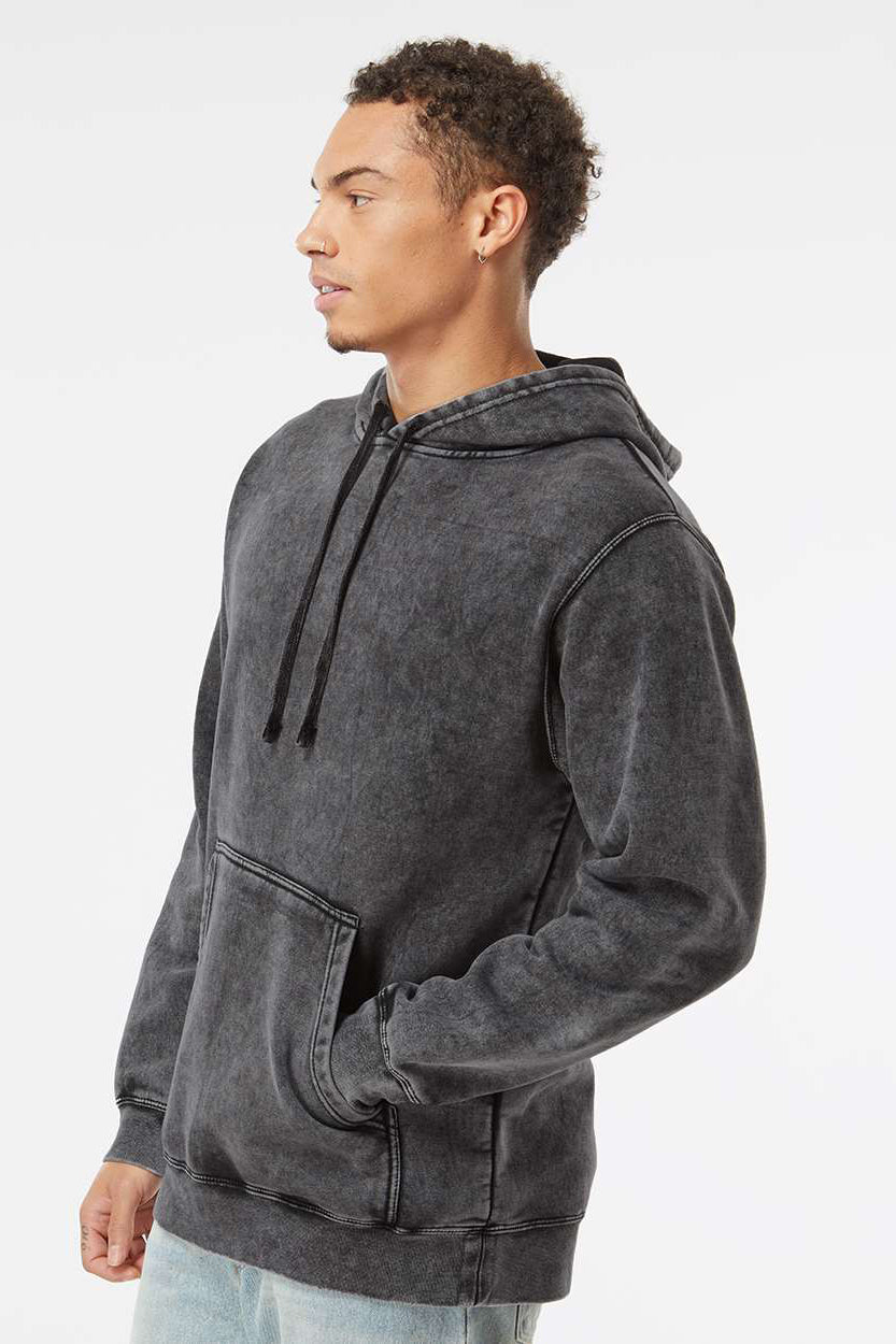 Independent Trading Company PRM4500MW Mens Mineral Wash Hooded Sweatshirt Hoodie w/ Pouch Pocket Black Model Side