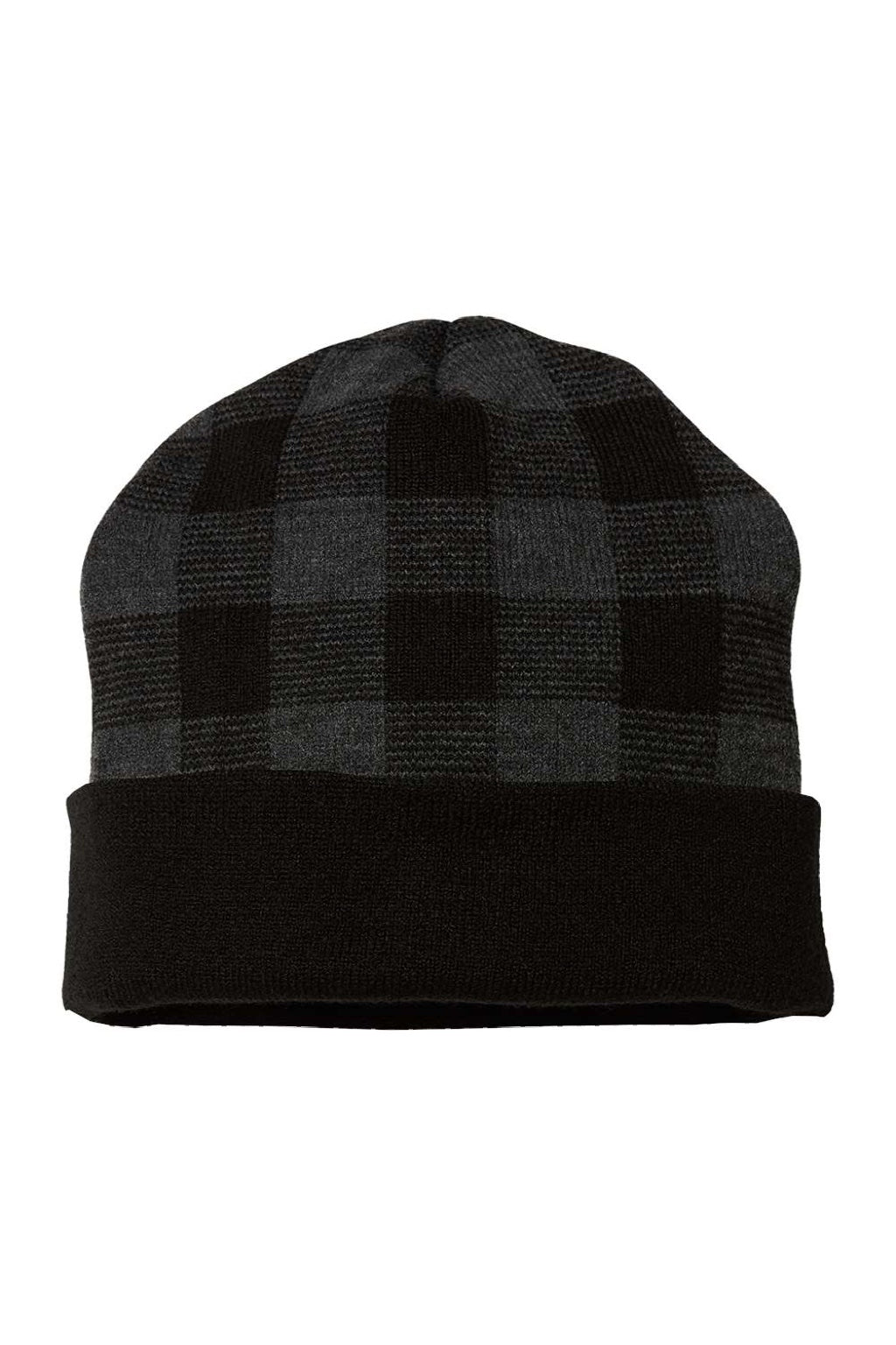 Cap America Hats RKP12 Unisex USA Made Plaid Beanie Black/Dark Heather Grey Flat Front