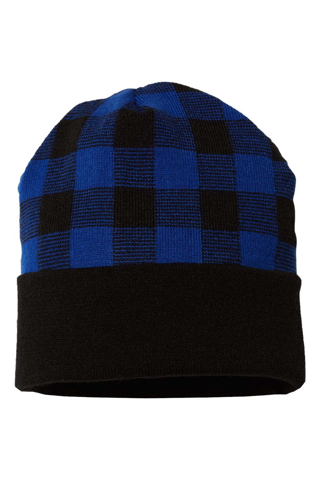 Cap America Hats RKP12 Unisex USA Made Plaid Beanie Black/True Royal Blue Flat Front