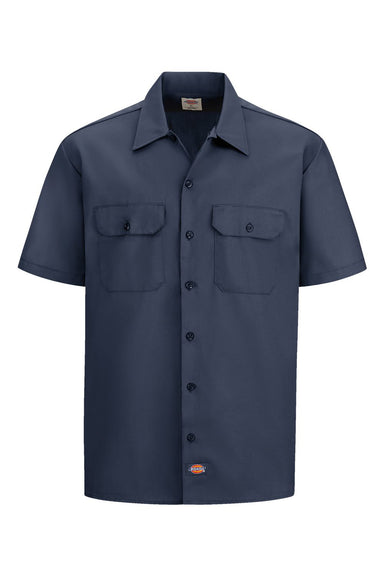 Dickies 2574 Mens Moisture Wicking Short Sleeve Button Down Work Shirt w/ Double Pockets Dark Navy Blue Flat Front