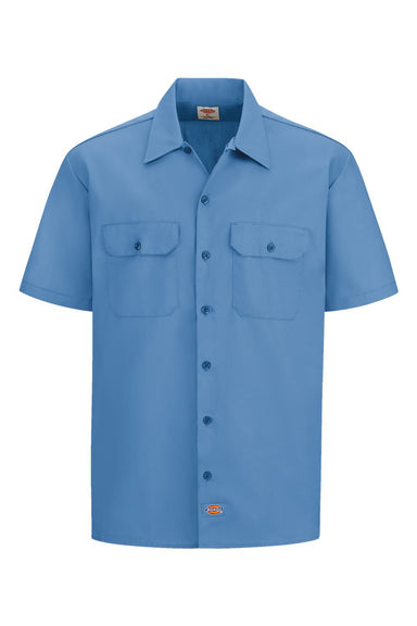 Dickies 2574 Mens Moisture Wicking Short Sleeve Button Down Work Shirt w/ Double Pockets Gulf Blue Flat Front