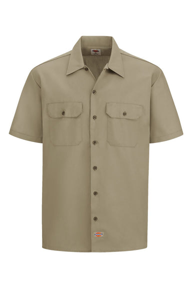 Dickies 2574 Mens Moisture Wicking Short Sleeve Button Down Work Shirt w/ Double Pockets Khaki Flat Front