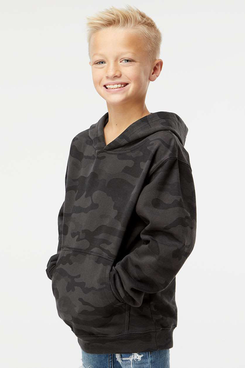 Independent Trading Company SS4001Y Youth Hooded Sweatshirt Hoodie w/ Pouch Pocket Black Camo Model Side