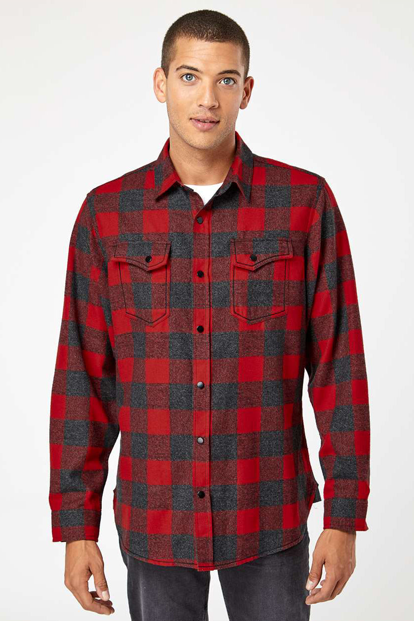 Burnside 8219 Mens Plaid Flannel Long Sleeve Snap Down Shirt w/ Double Pockets Red/Heather Black Model Front