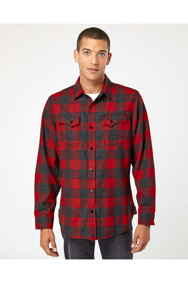 Burnside 8219 Mens Plaid Flannel Long Sleeve Snap Down Shirt w/ Double Pockets Red/Heather Black Model Front