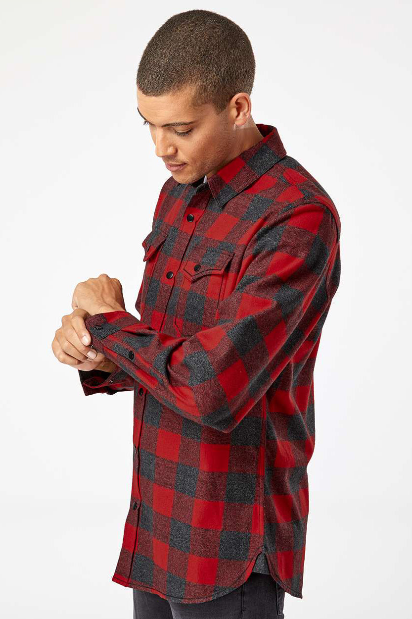 Burnside 8219 Mens Plaid Flannel Long Sleeve Snap Down Shirt w/ Double Pockets Red/Heather Black Model Side