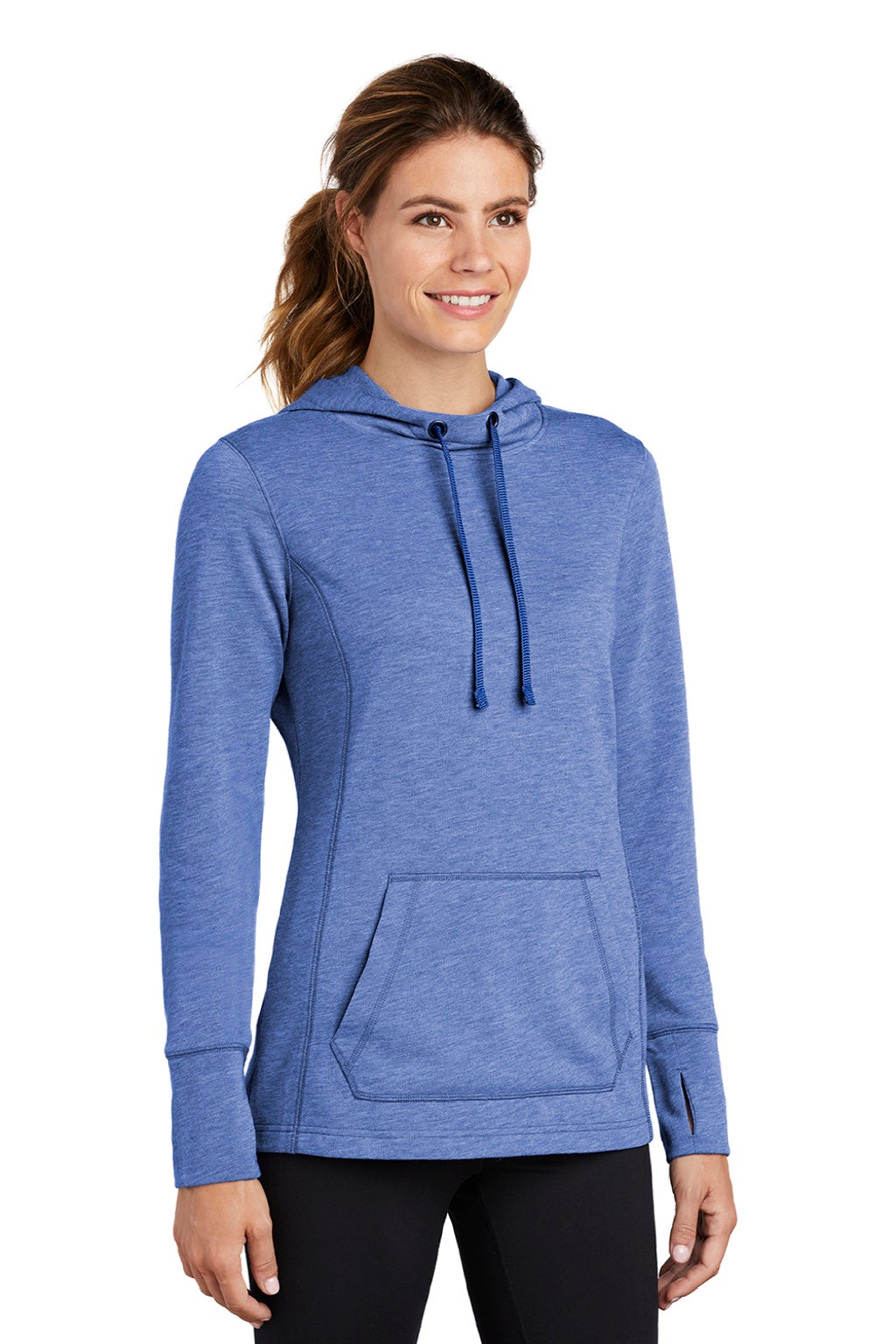 Sport-Tek LST296 Womens Moisture Wicking Fleece Hooded Sweatshirt Hoodie w/ Pouch Pocket Heather True Royal Blue Model 3q