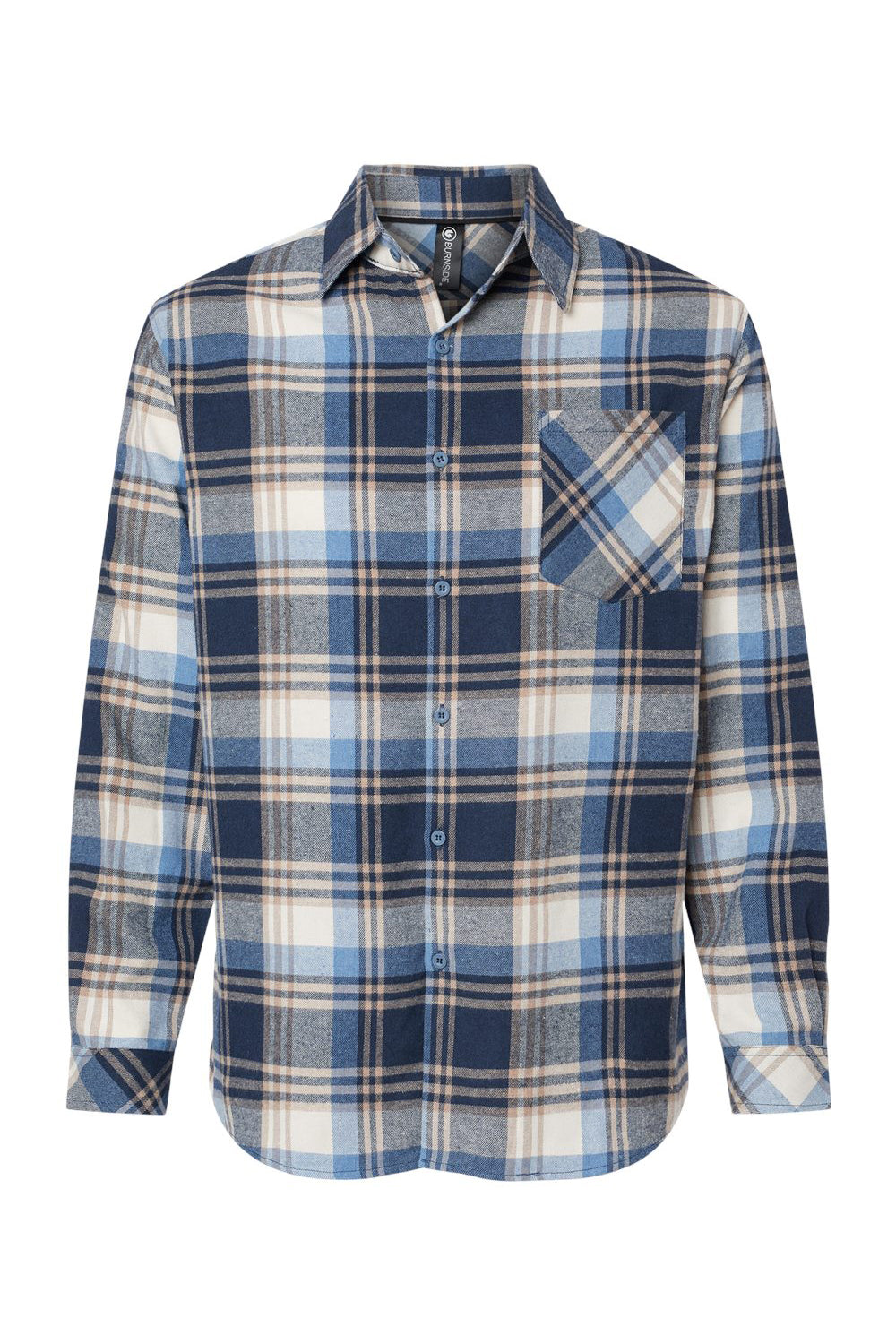 Burnside B8212 Mens Flannel Long Sleeve Button Down Shirt w/ Pocket Blue/Ecru Flat Front