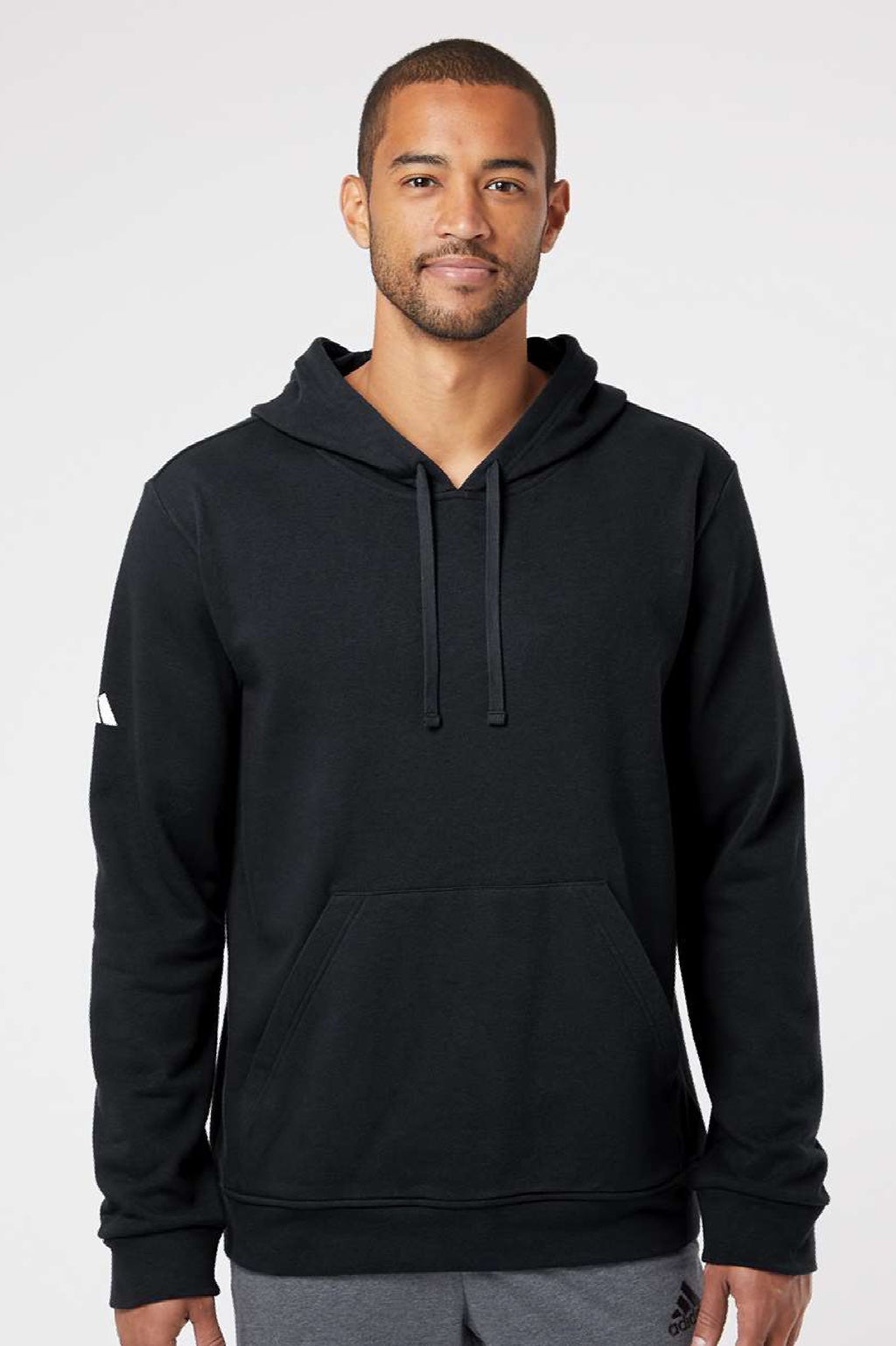 Adidas A432 Mens Fleece Hooded Sweatshirt Hoodie w/ Pouch Pocket Black Model Front