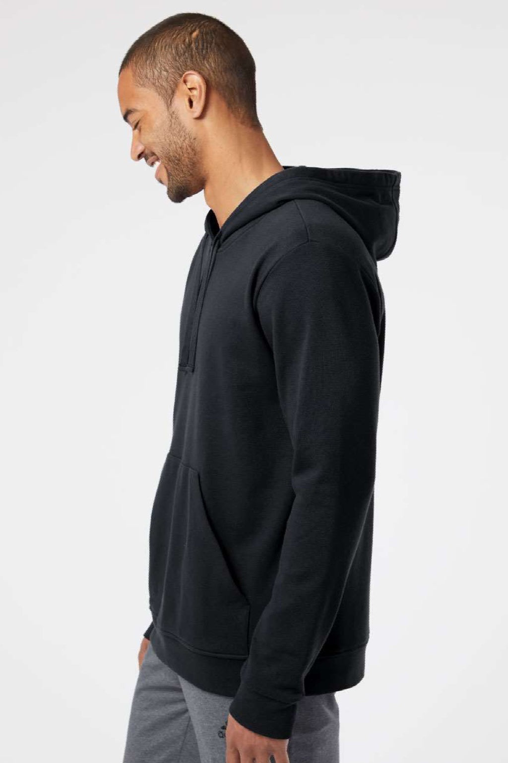 Adidas A432 Mens Fleece Hooded Sweatshirt Hoodie w/ Pouch Pocket Black Model Side
