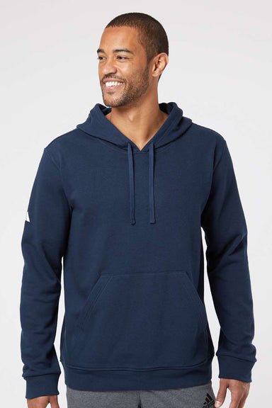 Adidas A432 Mens Fleece Hooded Sweatshirt Hoodie w/ Pouch Pocket Collegiate Navy Blue Model Front