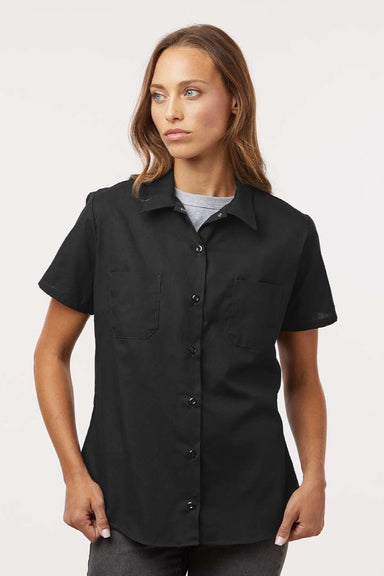 Dickies 5350 Womens Industrial Short Sleeve Button Down Shirt w/ Double Pockets Black Model Front