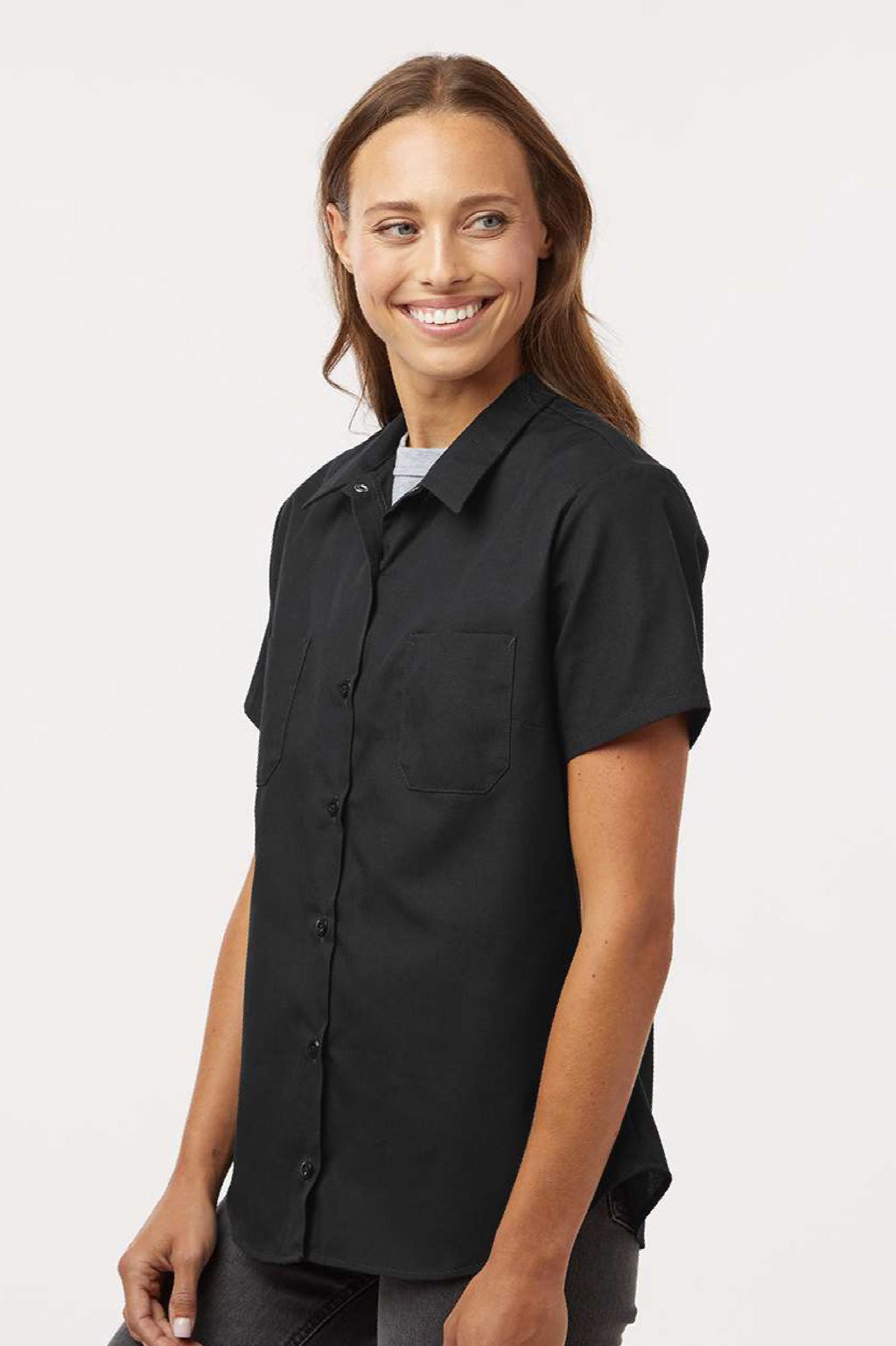Dickies 5350 Womens Industrial Short Sleeve Button Down Shirt w/ Double Pockets Black Model Side