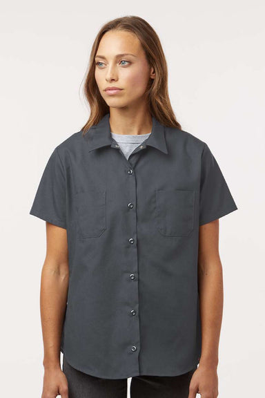 Dickies 5350 Womens Industrial Short Sleeve Button Down Shirt w/ Double Pockets Dark Charcoal Grey Model Front
