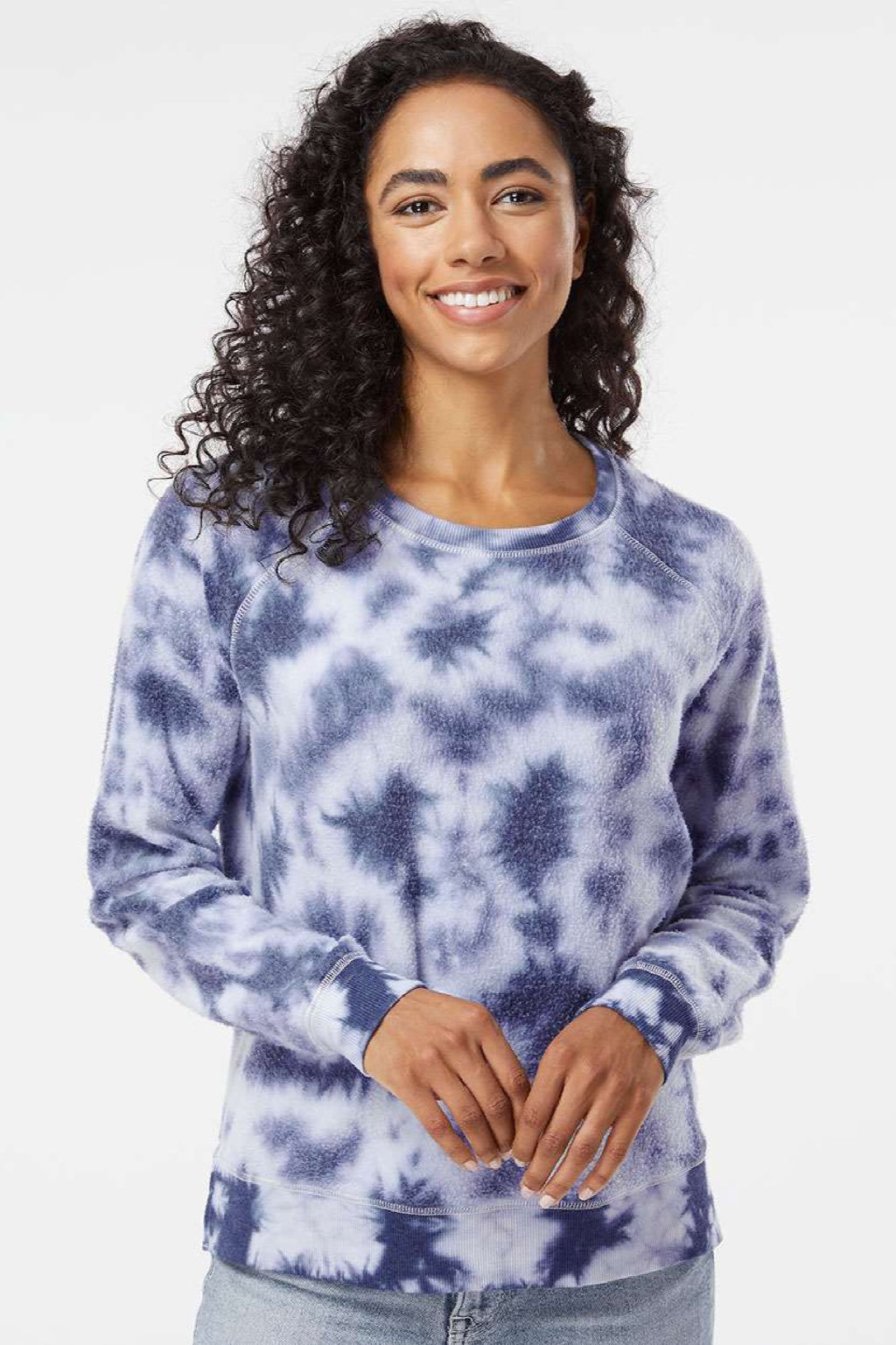 Boxercraft K01 Womens Fleece Out Crewneck Sweatshirt Navy Blue Tie-Dye Model Front