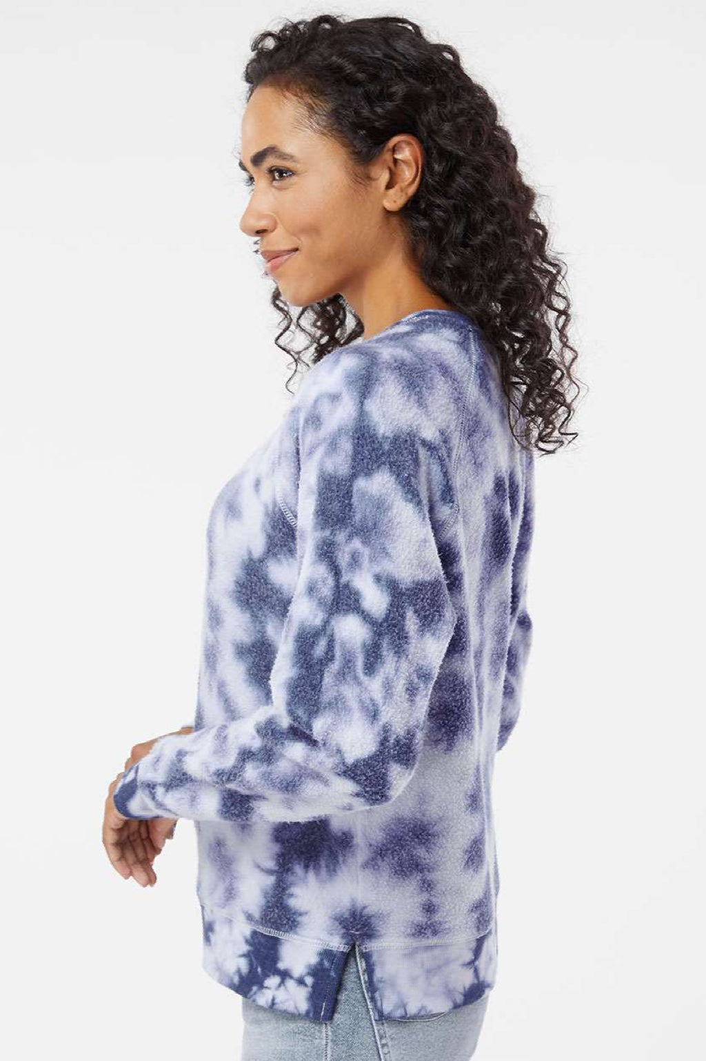 Boxercraft K01 Womens Fleece Out Crewneck Sweatshirt Navy Blue Tie-Dye Model Side