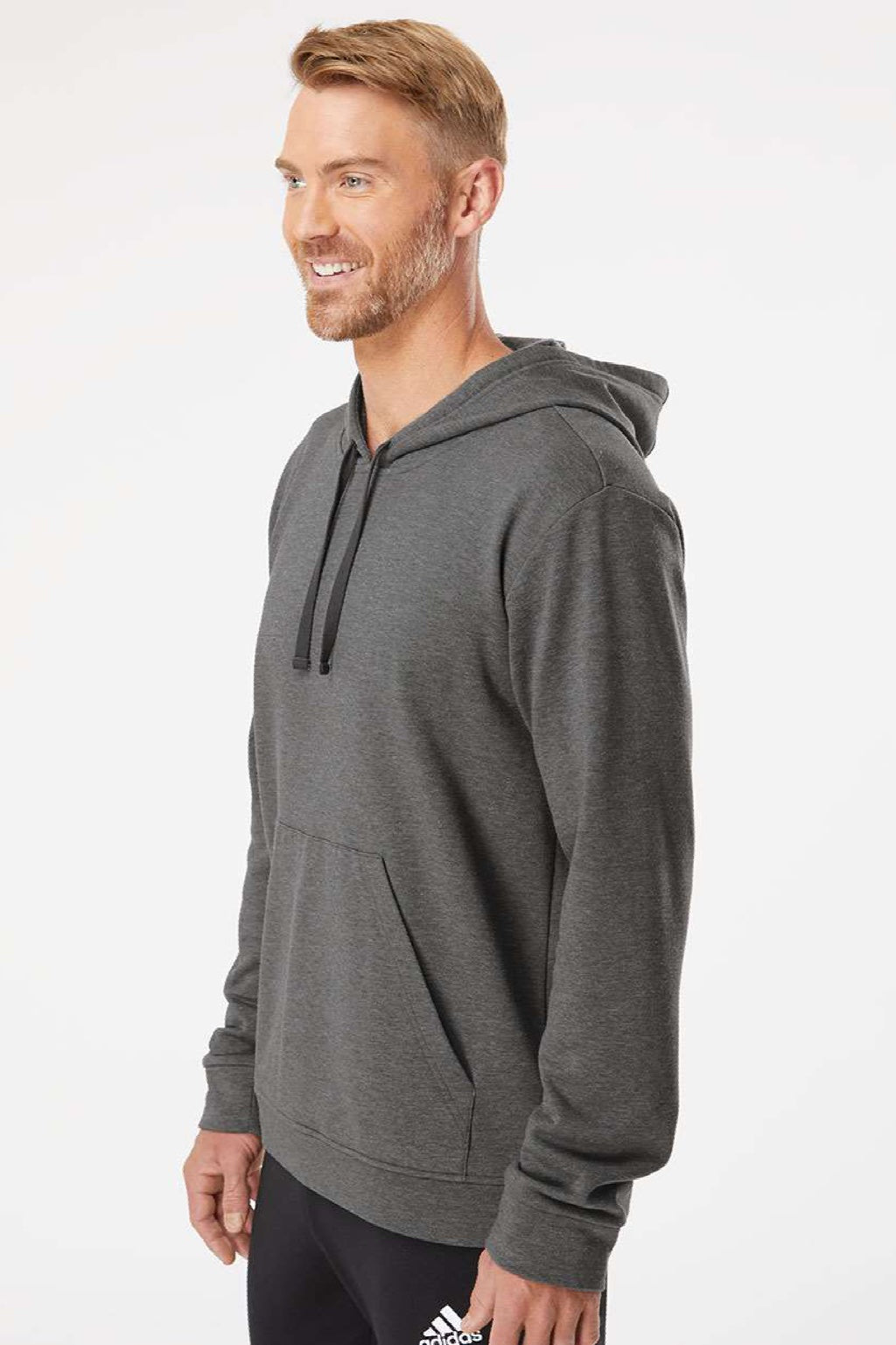 Adidas A432 Mens Fleece Hooded Sweatshirt Hoodie w/ Pouch Pocket Heather Dark Grey Model Side