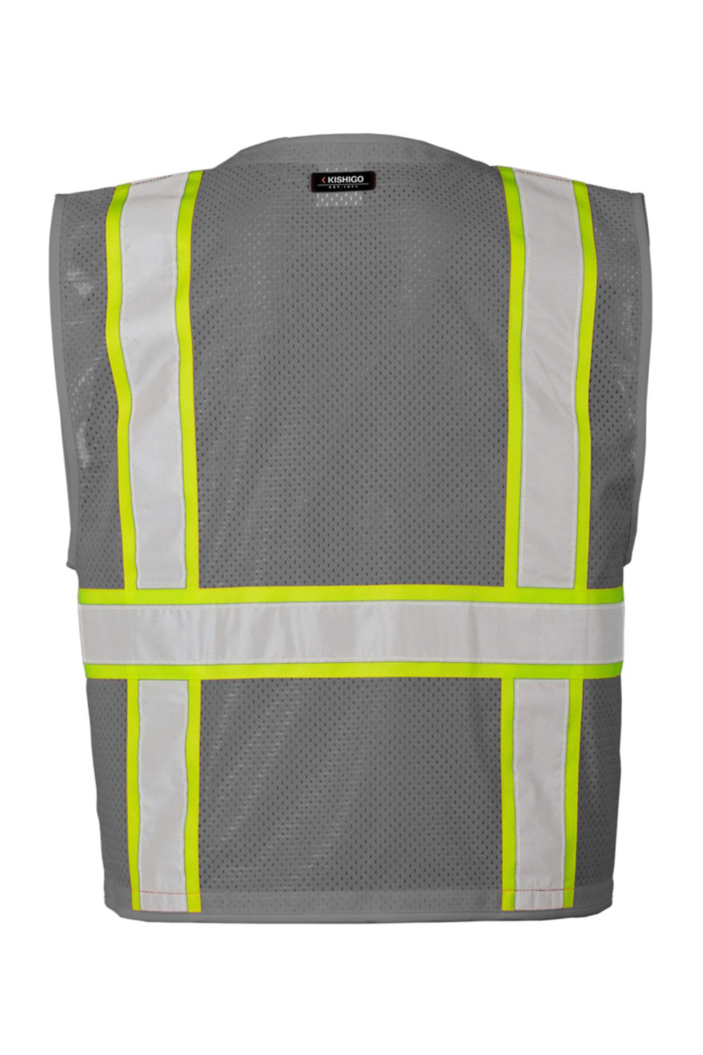 Kishigo B100-111 Mens EV Series Enhanced Visibility Multi Pocket Mesh Vest Grey/Lime Green Flat Back
