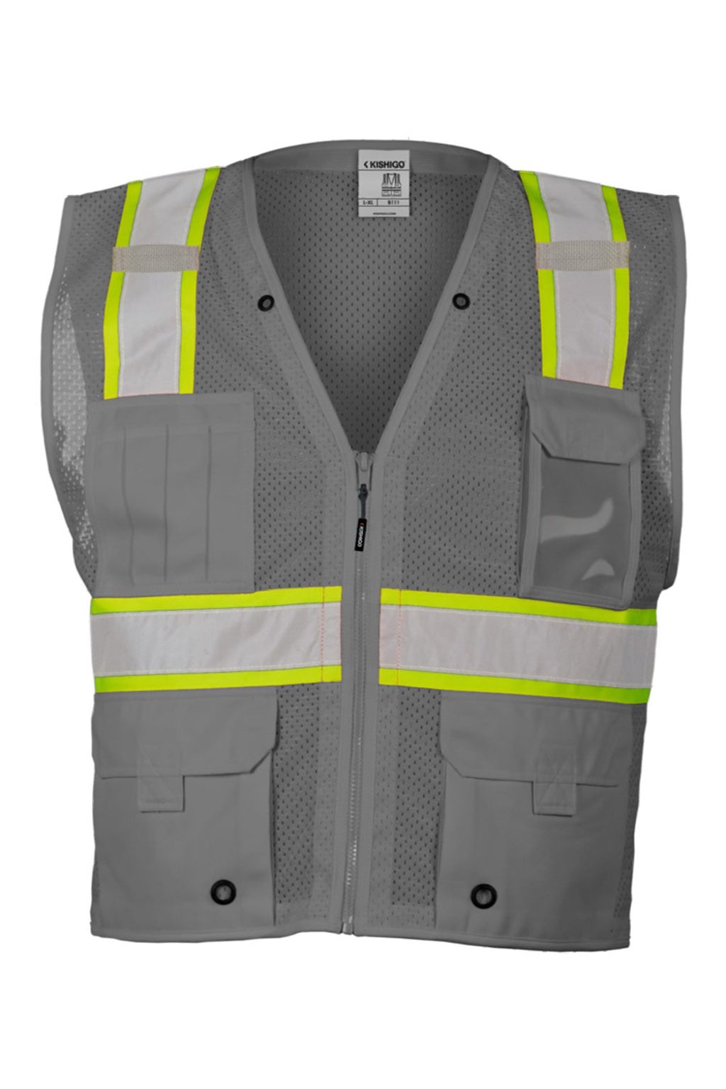 Kishigo B100-111 Unisex EV Series Enhanced Visibility Multi Pocket Mesh Vest Grey/Lime Green Flat Front