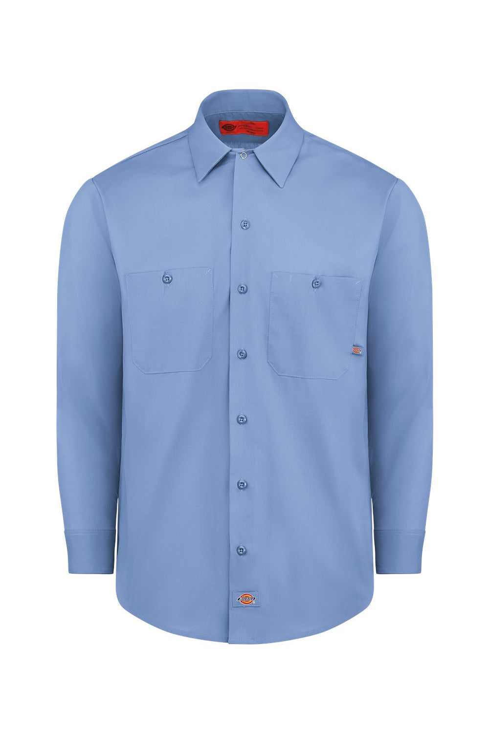 Dickies L535 Mens Industrial Wrinkle Resistant Long Sleeve Button Down Work Shirt w/ Double Pockets Light Blue Flat Front