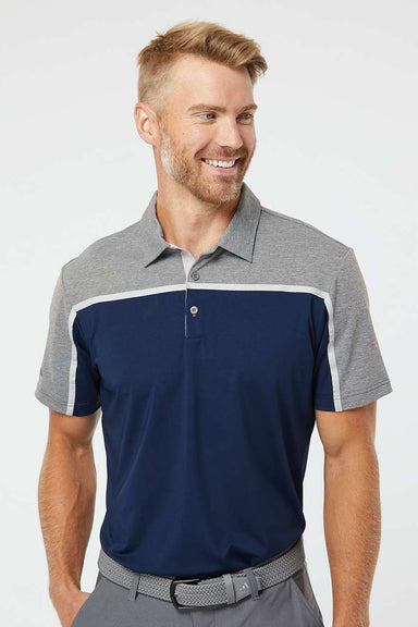 Adidas A512 Mens Ultimate Colorblock Moisture Wicking Short Sleeve Polo Shirt Collegiate Navy Blue/Grey/Grey Melange Model Front