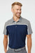 Adidas A512 Mens Ultimate Colorblock Moisture Wicking Short Sleeve Polo Shirt Collegiate Navy Blue/Grey/Grey Melange Model Front