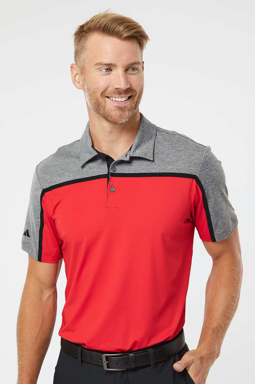 Adidas A512 Mens Ultimate Colorblocked Short Sleeve Polo Shirt Collegiate Red/Black/Grey Melange Model Front